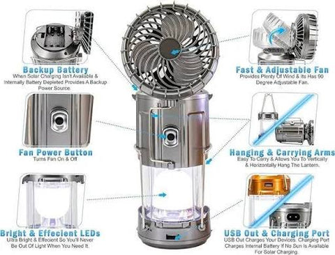 Portable Camping LED Light with Fan - Solar Rechargeable